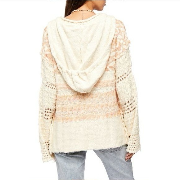 Cream and Pink Knit FREE PEOPLE Coastline Hoodie - Picture 2 of 12